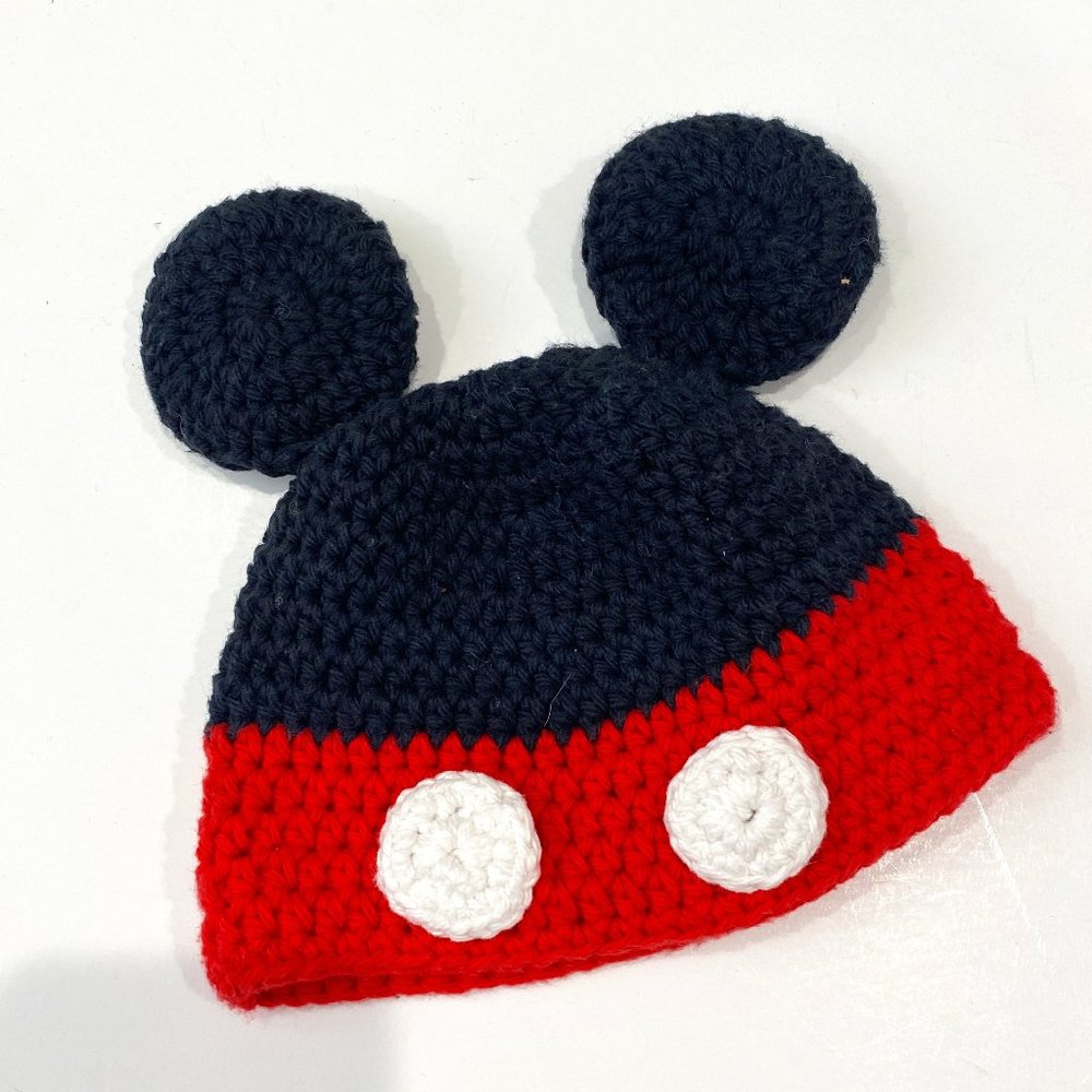Mickey Mouse Baby lot of 2, crochet hats in red, black and white with ears.  EUC